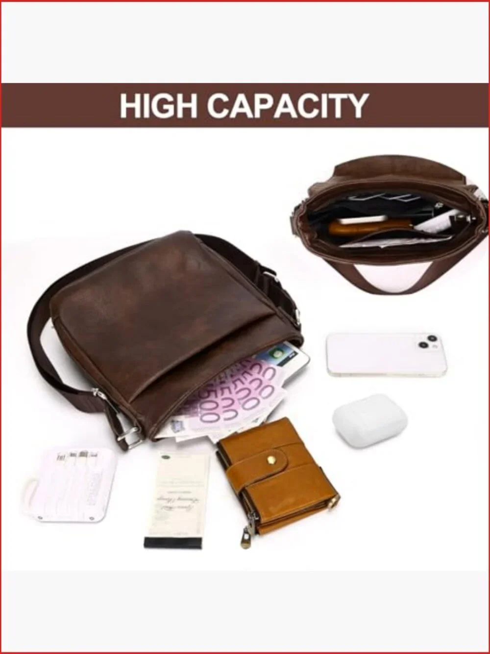 Vegan Leather Crossbody Messenger Bag for Men with Adjustable Strap